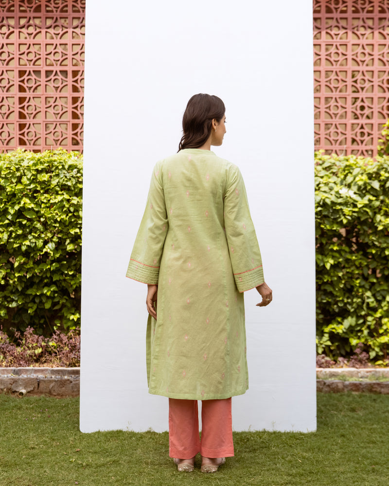 Pastel Green Handloom Kurta With Coral Pink Cotton Pant Set For Women's