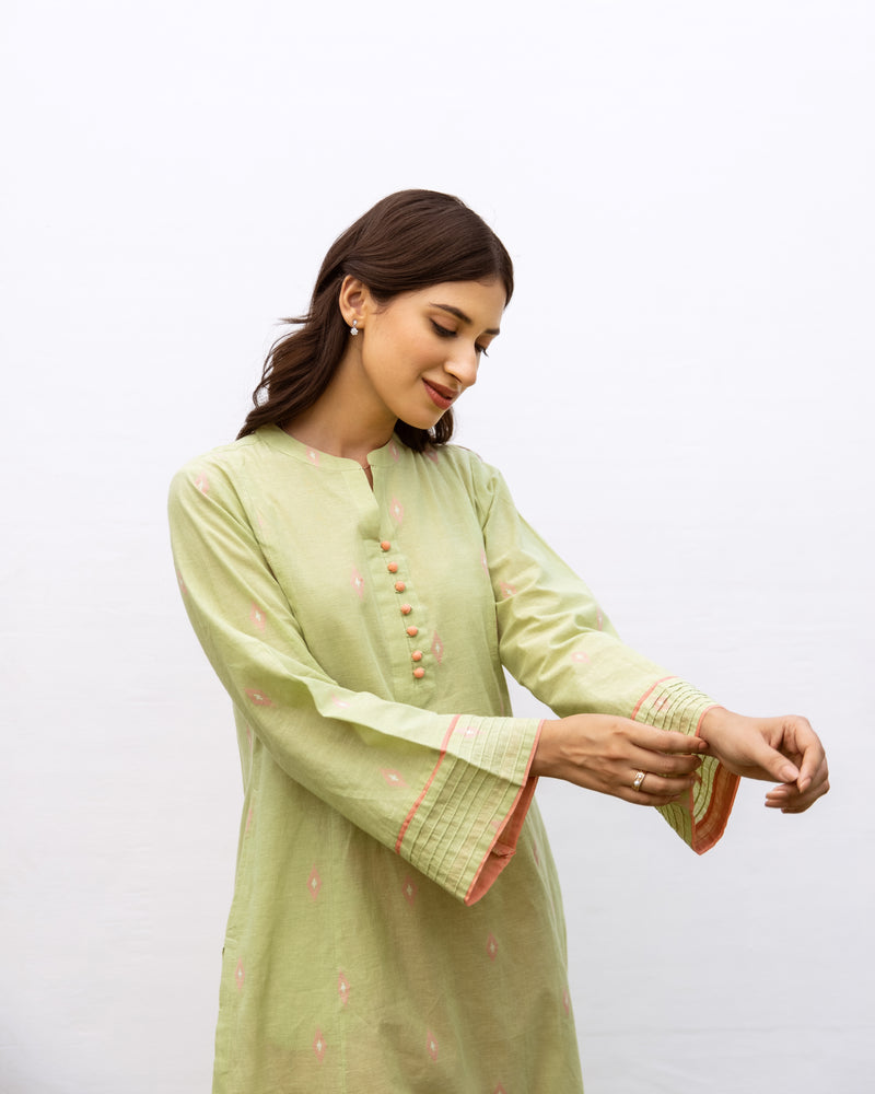 Pastel Green Handloom Kurta With Coral Pink Cotton Pant Set For Women's