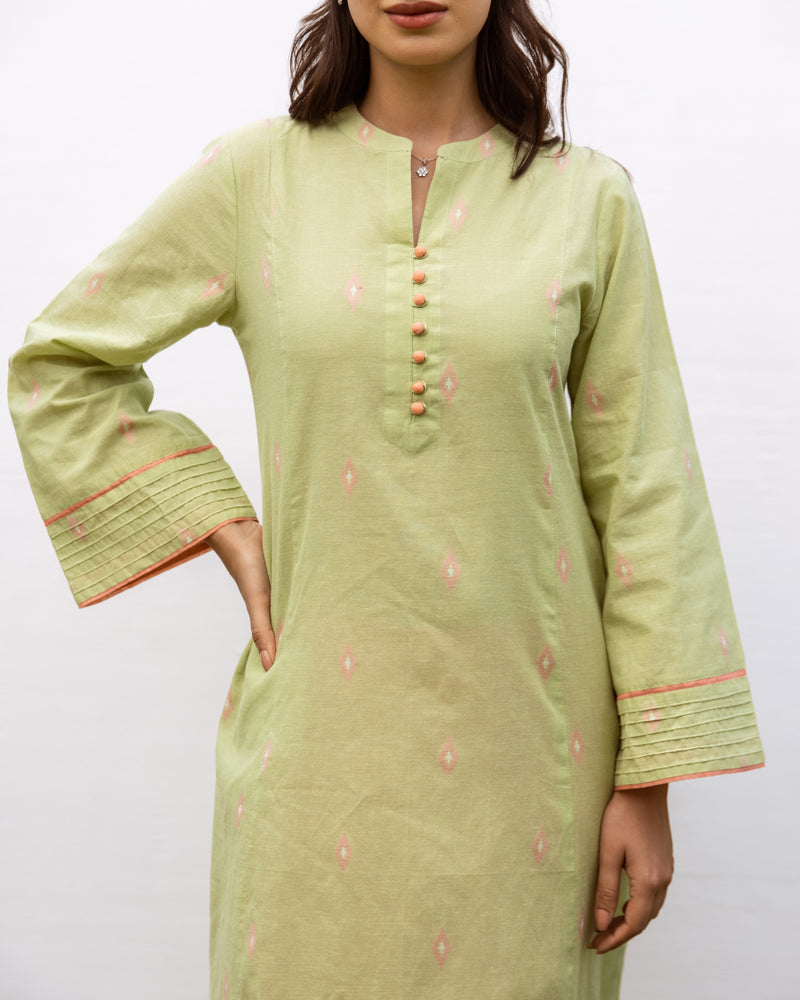 Pastel Green Handloom Kurta With Coral Pink Cotton Pant Set For Women's