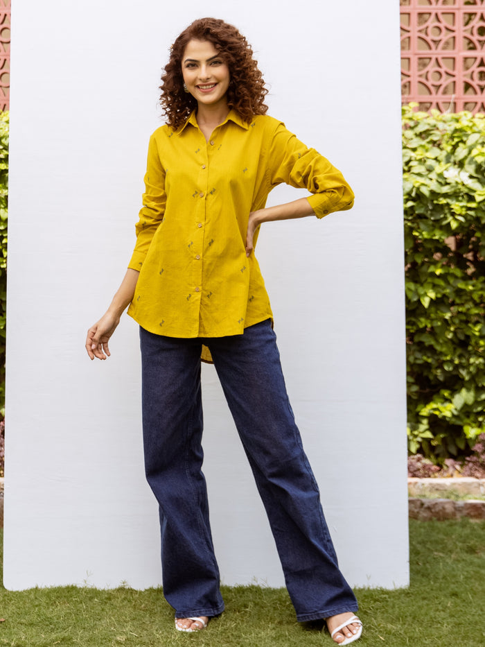 Bright Yellow Handloom Cotton Shirt For Women's
