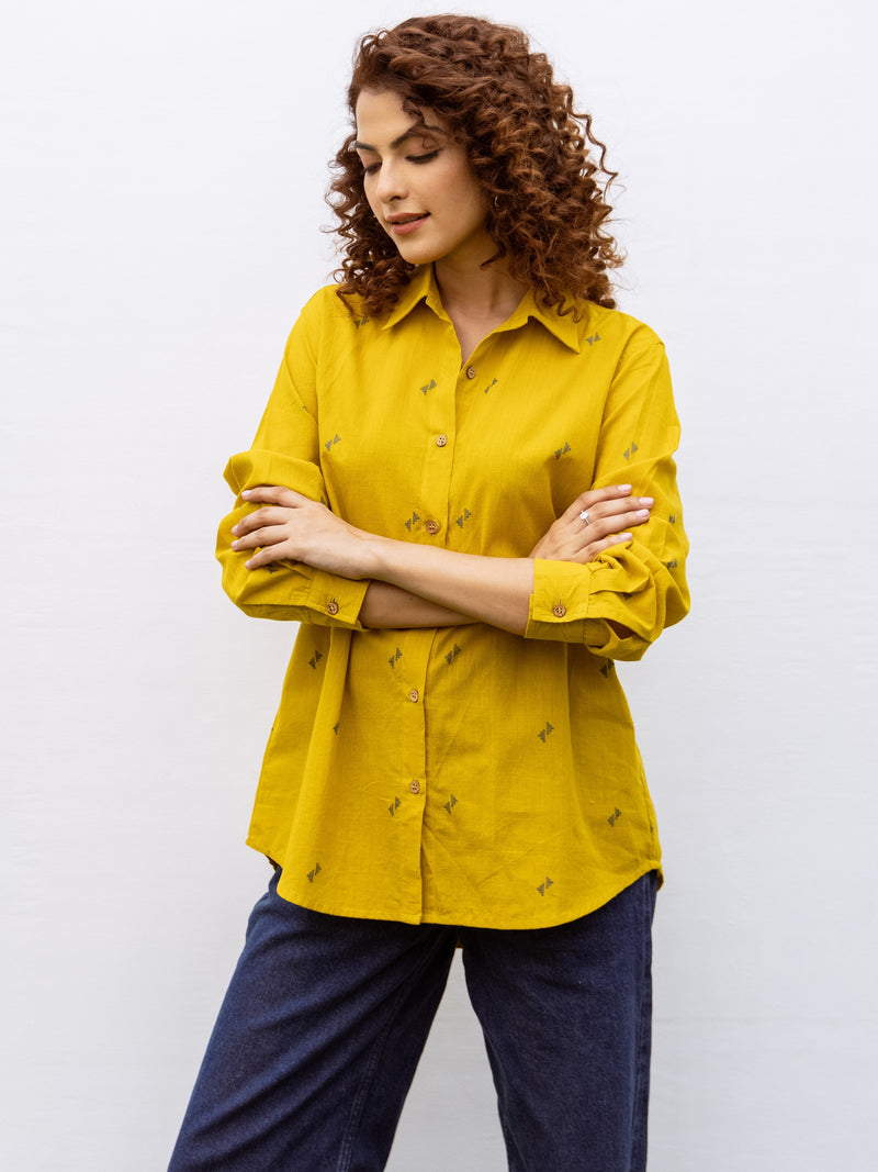 Bright Yellow Handloom Cotton Shirt For Women's