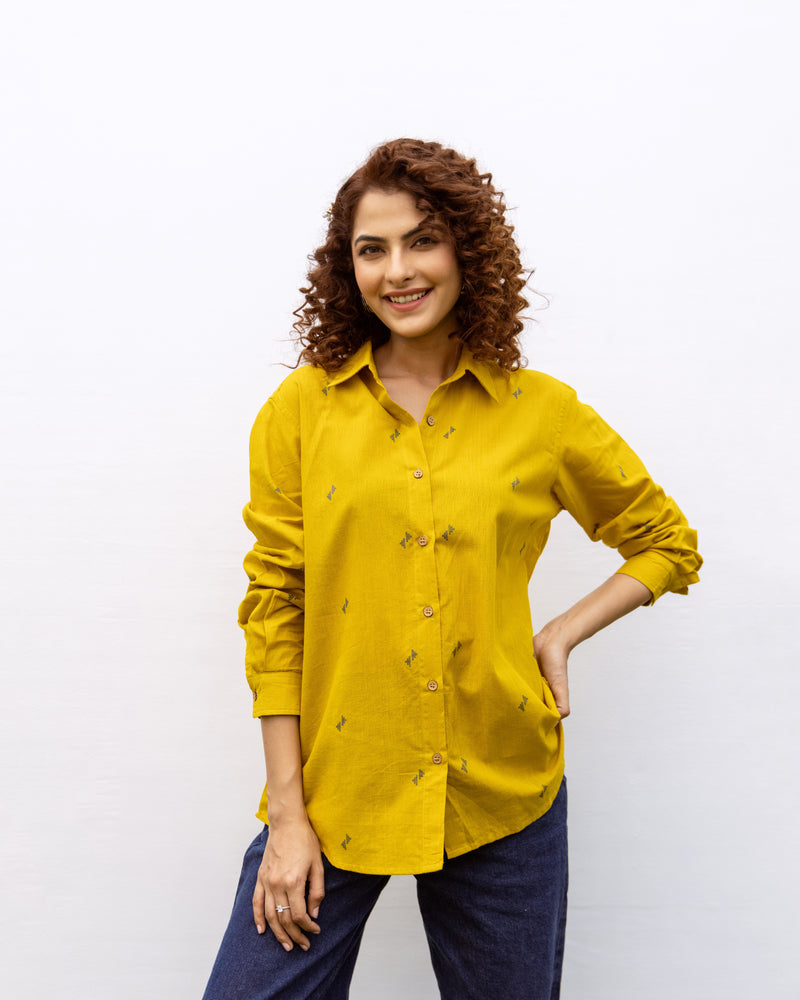 Bright Yellow Handloom Cotton Shirt For Women's
