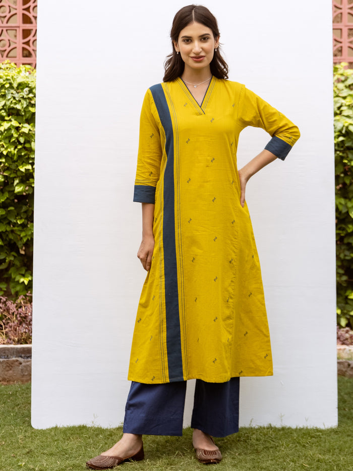 Mustard Yellow Cotton V-Neck Kurta For Women's
