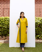 Mustard Yellow Cotton V-Neck Kurta For Women's