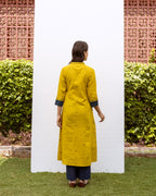 Mustard Yellow Cotton V-Neck Kurta For Women's