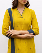 Mustard Yellow Cotton V-Neck Kurta For Women's