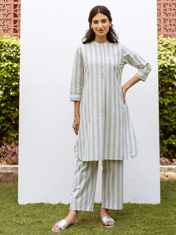 Off White Cotton Handloom Round Collar Neck Kurta Pant Set For Women's