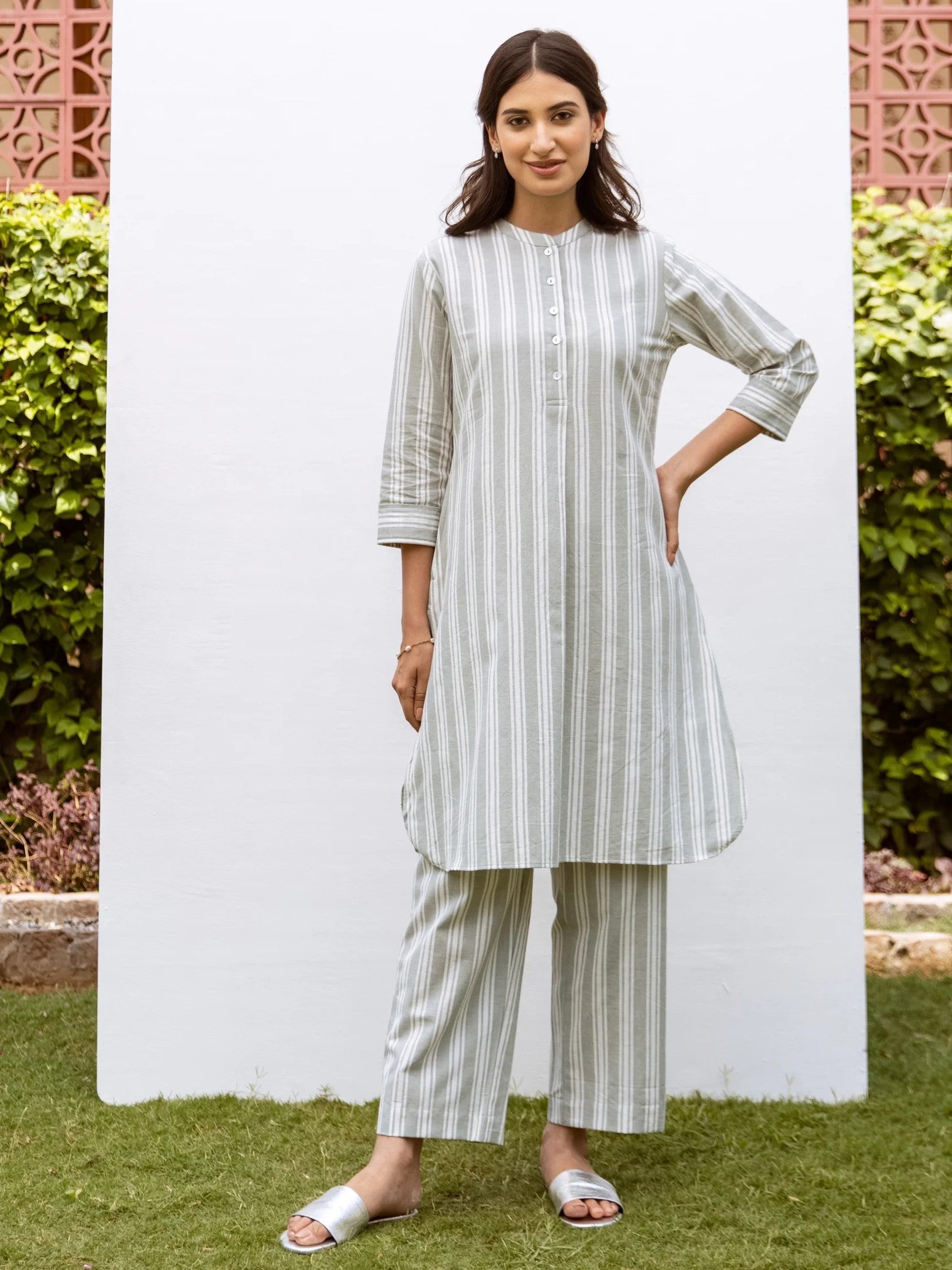 Off White Cotton Handloom Round Collar Neck Kurta Pant Set For Women's