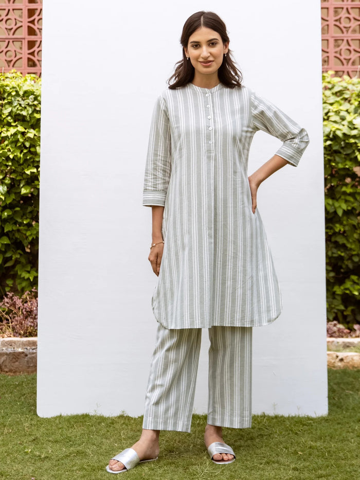 Off White Cotton Handloom Round Collar Neck Kurta Pant Set For Women's