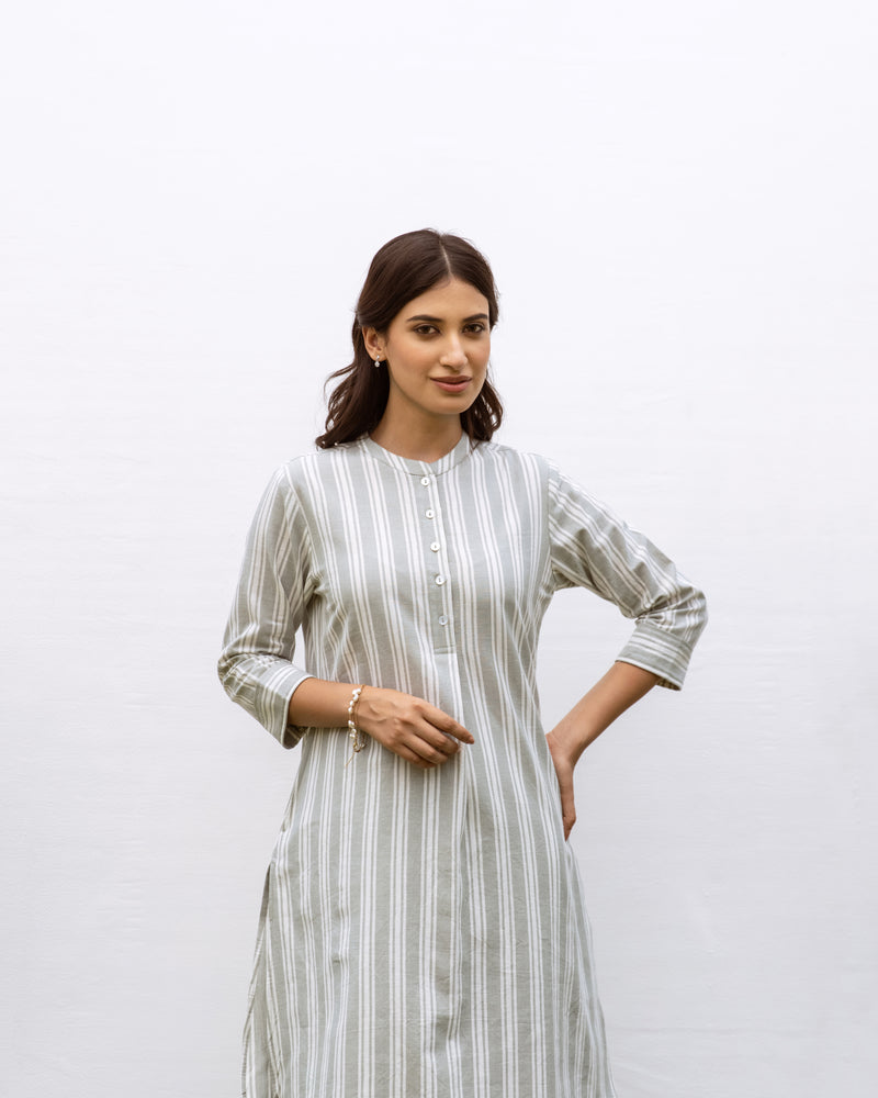 Off White Cotton Handloom Round Collar Neck Kurta Pant Set For Women's
