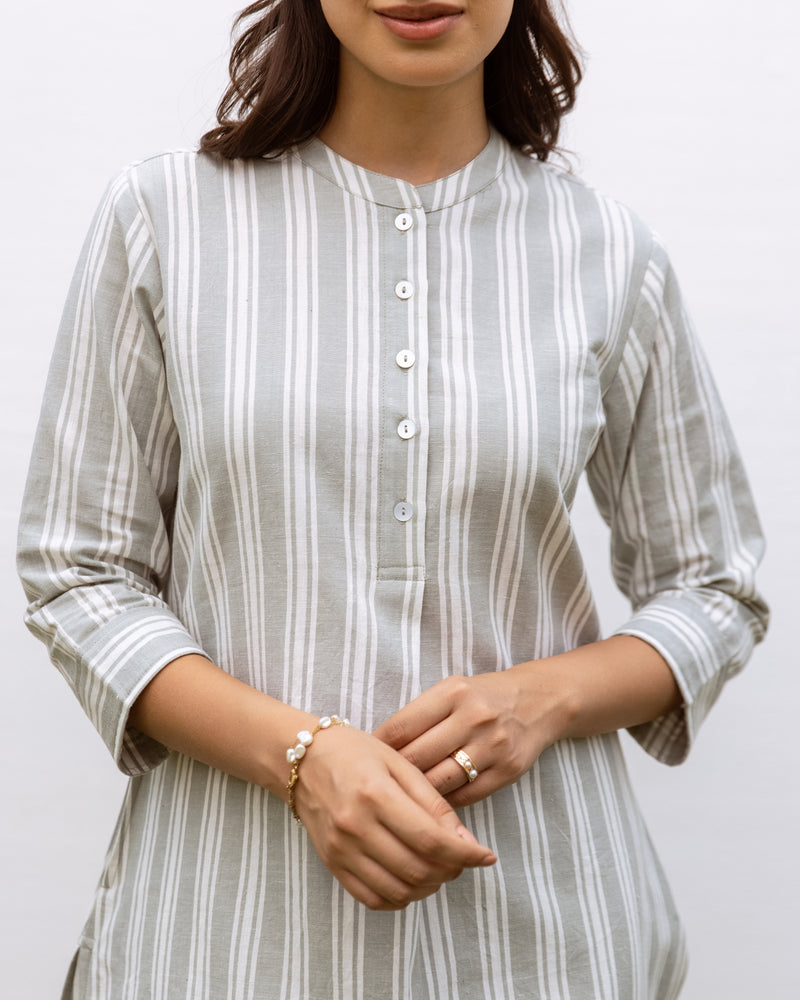 Off White Cotton Handloom Round Collar Neck Kurta Pant Set For Women's