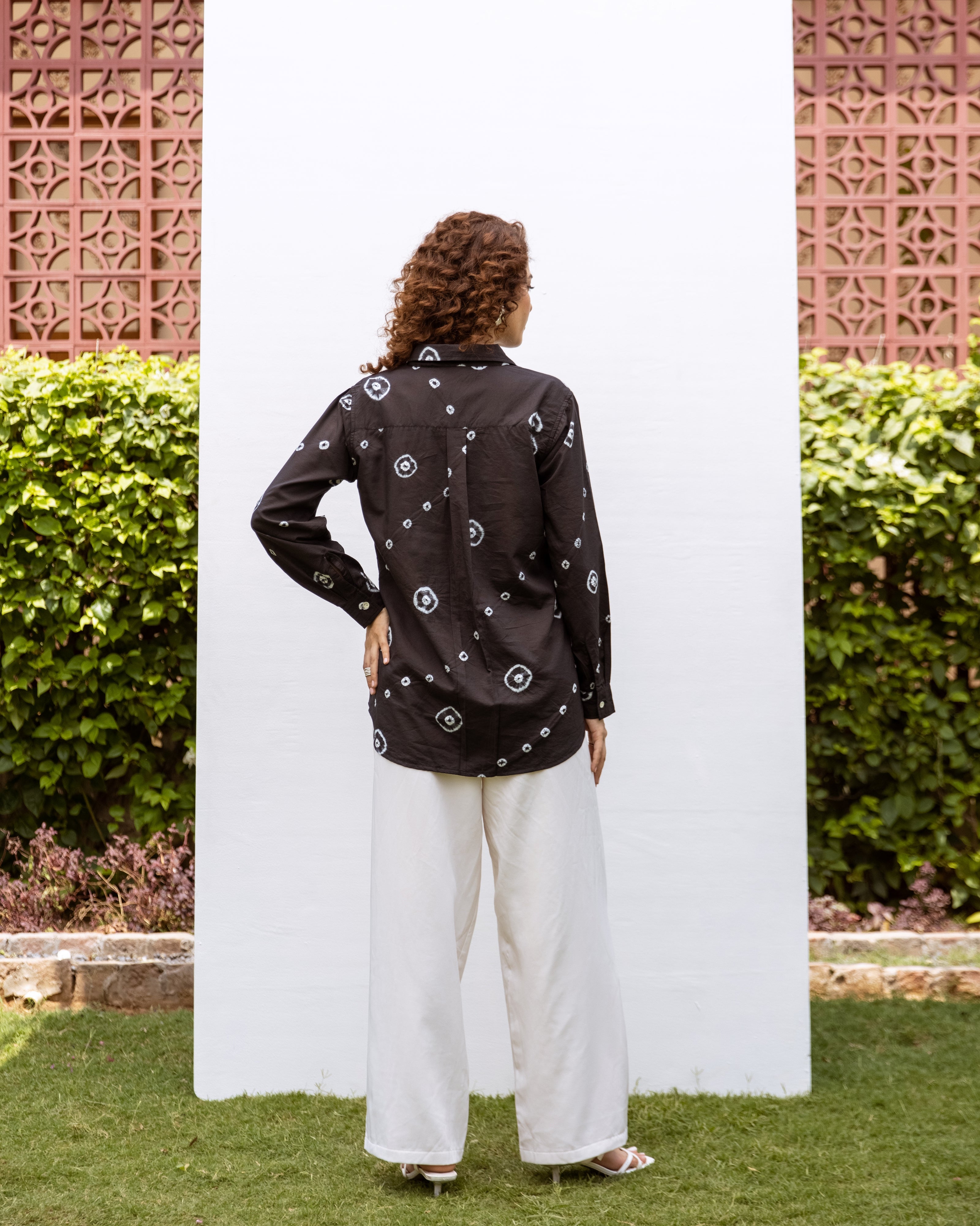 Black Cotton Modal Hand Done Bandhani Print Shirt For Women's