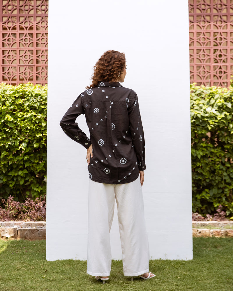 Black Cotton Modal Hand Done Bandhani Print Shirt For Women's