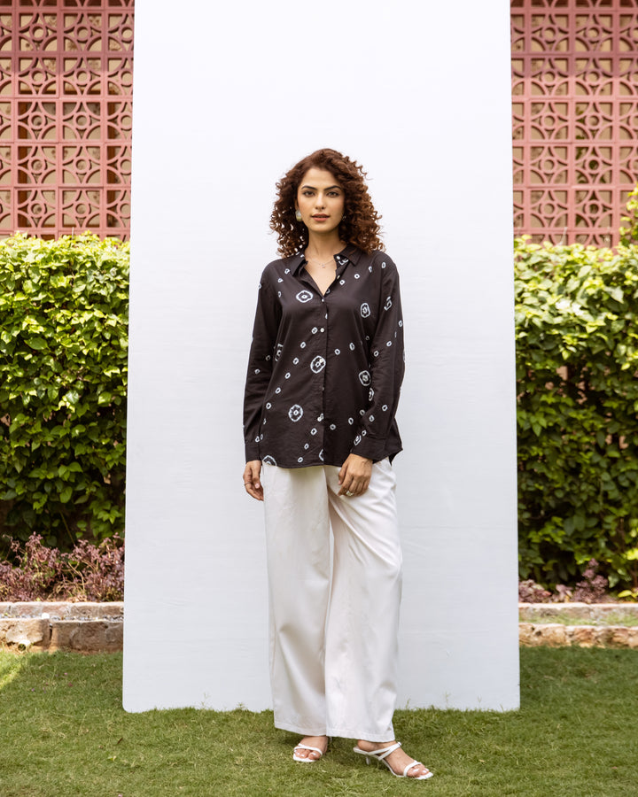 Black Cotton Modal Hand Done Bandhani Print Shirt For Women's