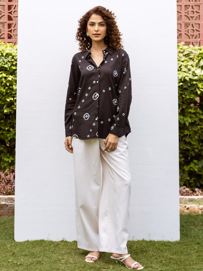 Black Cotton Modal Hand Done Bandhani Print Shirt For Women's
