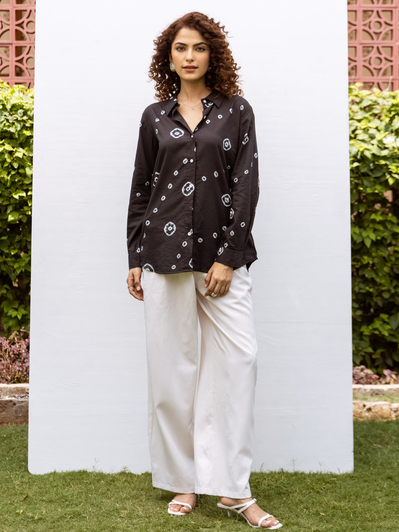 Black Cotton Modal Hand Done Bandhani Print Shirt For Women's