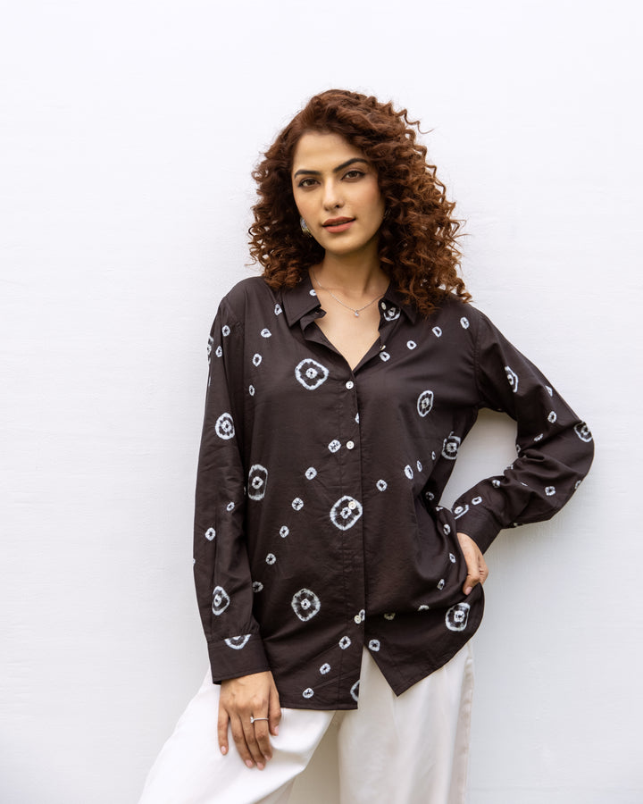 Black Cotton Modal Hand Done Bandhani Print Shirt For Women's
