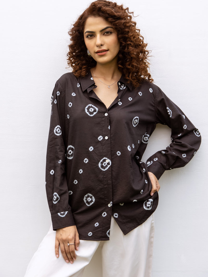 Black Cotton Modal Hand Done Bandhani Print Shirt For Women's