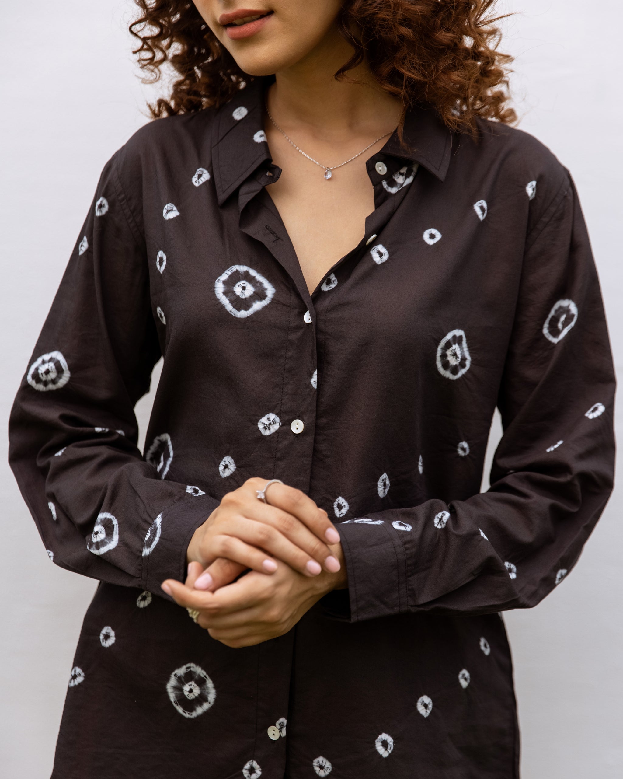 Black Cotton Modal Hand Done Bandhani Print Shirt For Women's