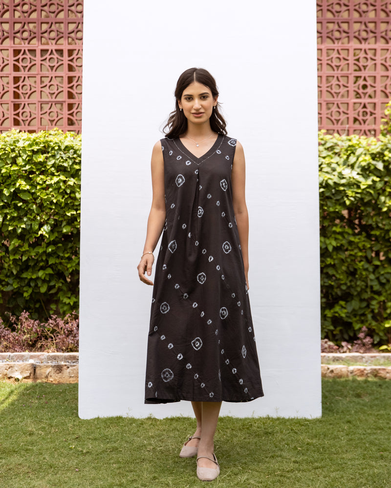 Black Bandhani Print Cotton Modal Sleeveless Dress For Women's