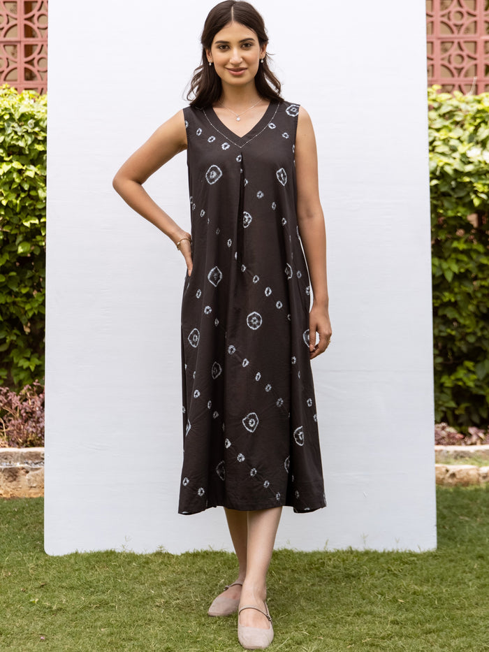 Black Bandhani Print Cotton Modal Sleeveless Dress For Women's