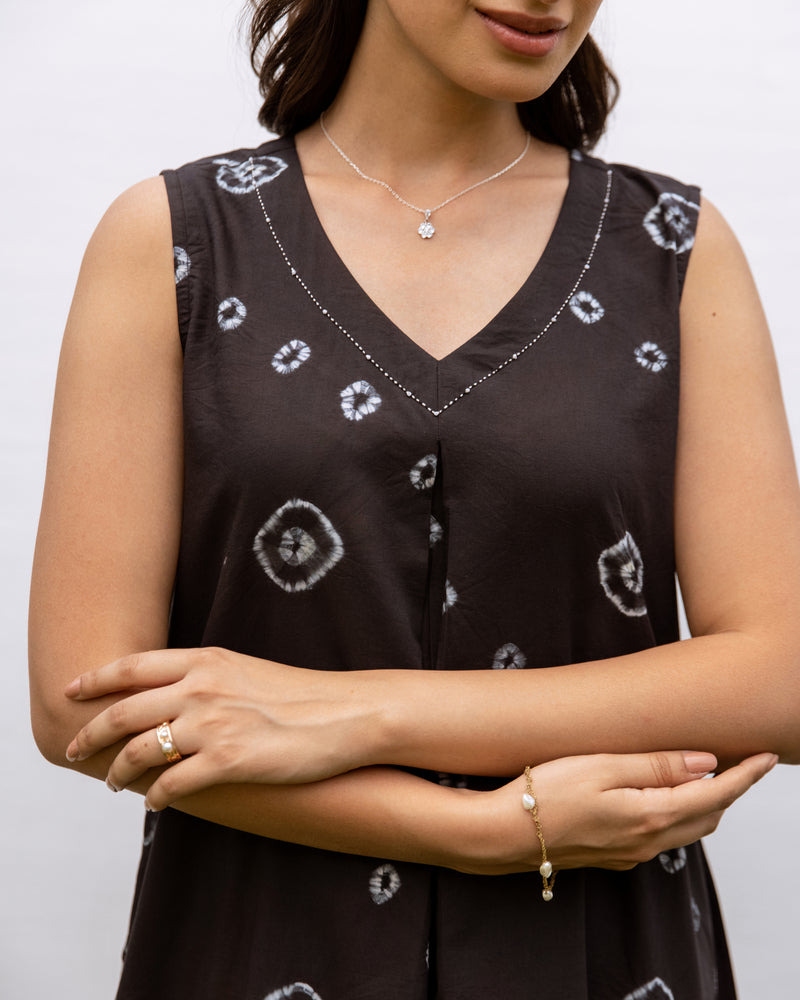 Black Bandhani Print Cotton Modal Sleeveless Dress For Women's