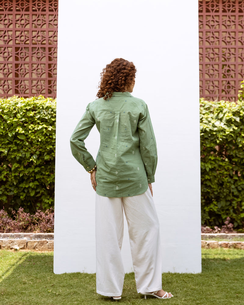 Green Cotton Handloom Full Sleeves Shirt For Women's