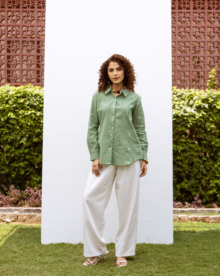 Green Cotton Handloom Full Sleeves Shirt For Women's