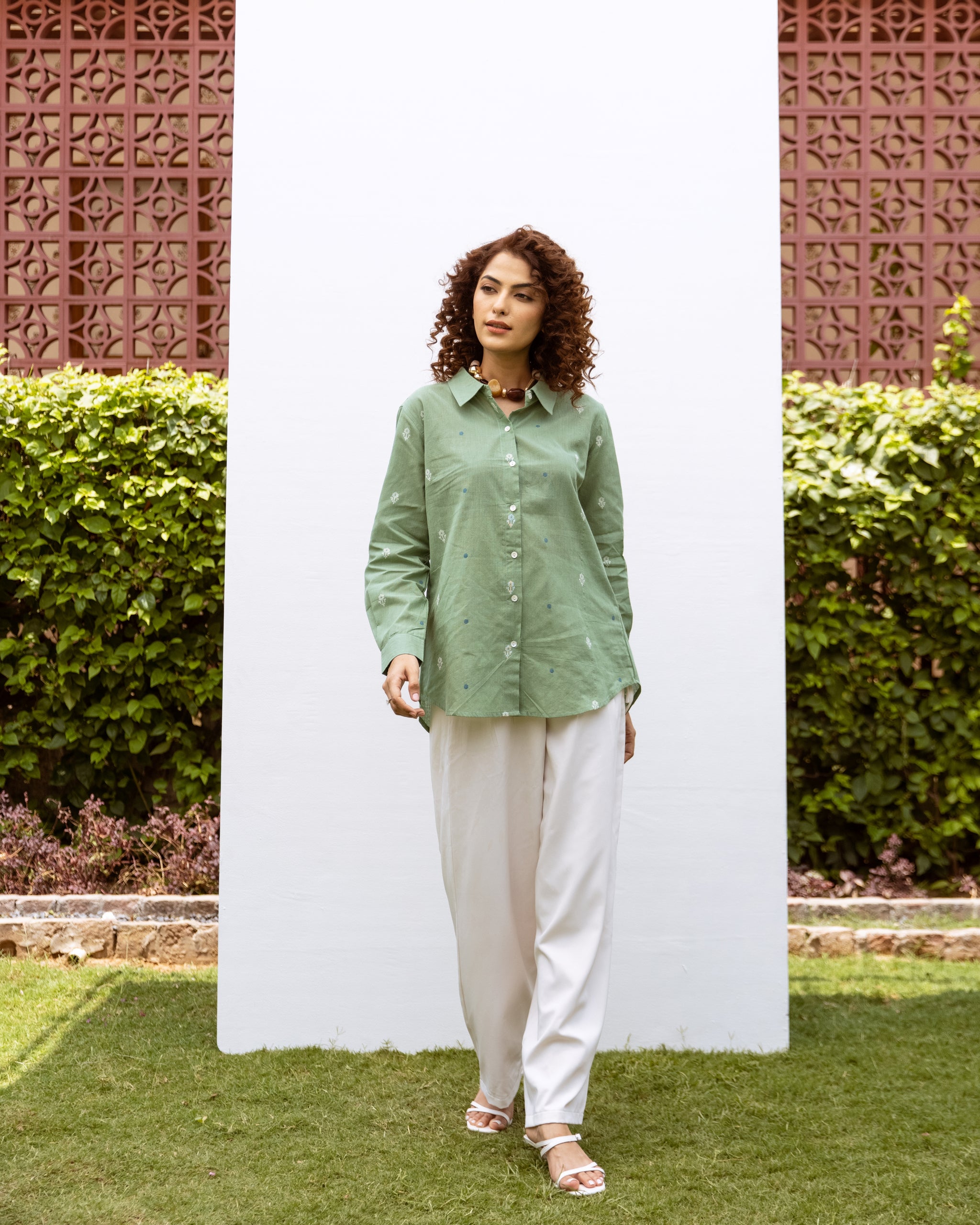 Green Cotton Handloom Full Sleeves Shirt For Women's