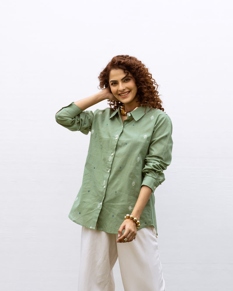 Green Cotton Handloom Full Sleeves Shirt For Women's
