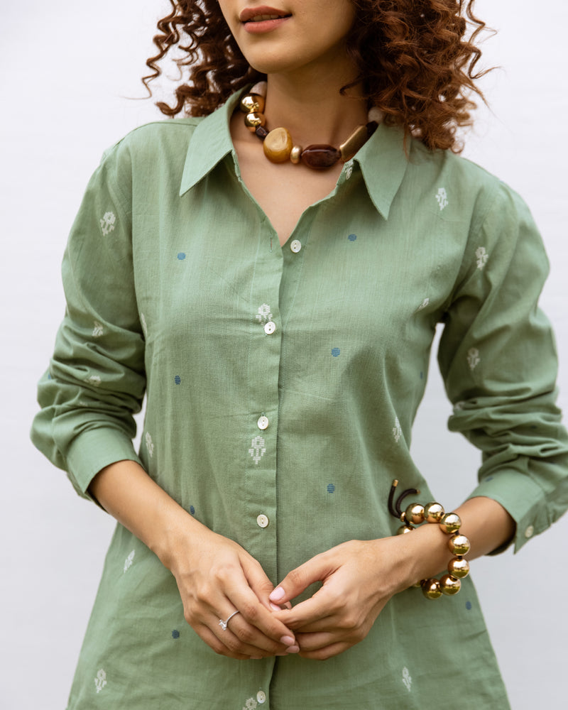 Green Cotton Handloom Full Sleeves Shirt For Women's