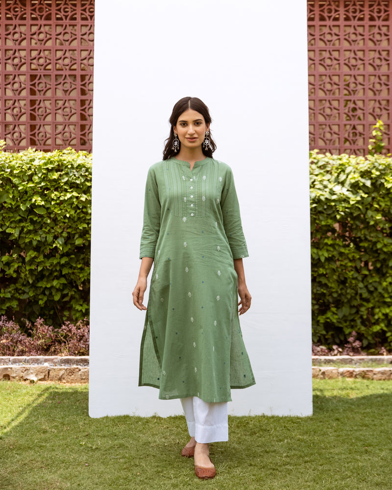 Soft Green Cotton Handloom Round Neck Kurta For Women's
