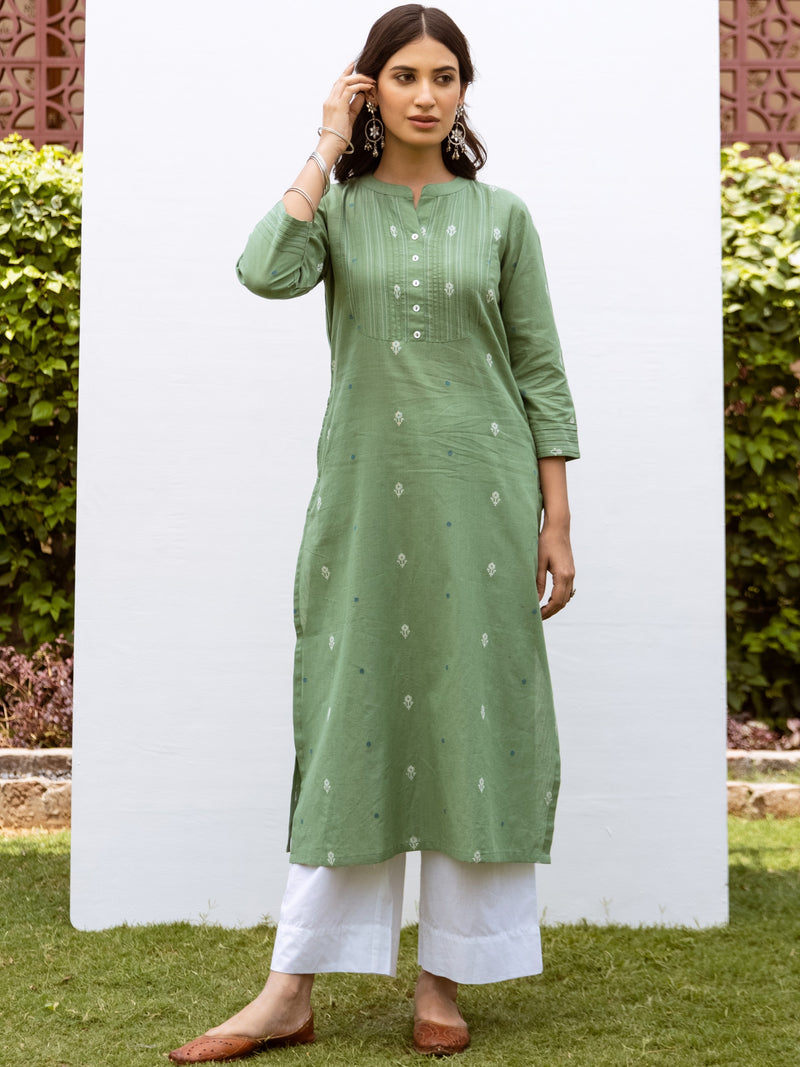 Soft Green Cotton Handloom Round Neck Kurta For Women's