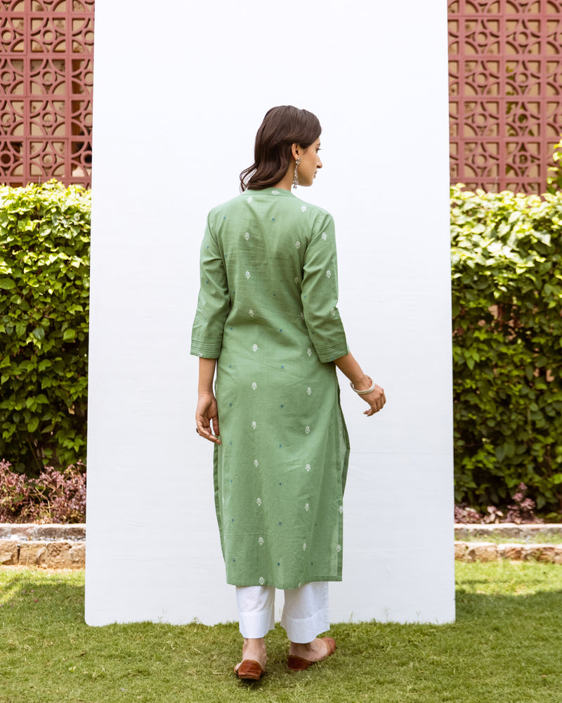 Soft Green Cotton Handloom Round Neck Kurta For Women's