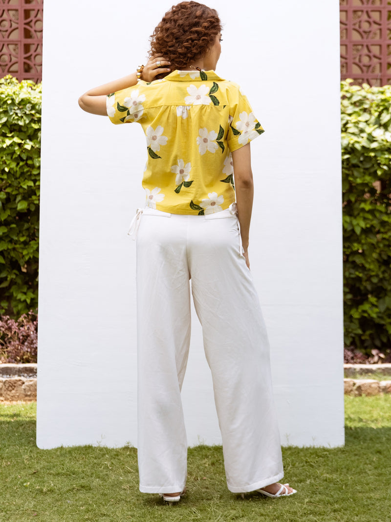 Yellow Cotton Collar Floral Print Short Top For Women's