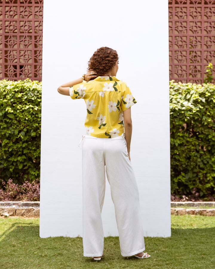 YELLOW COTTON COLLAR FLORAL PRINT SHORT TOP FOR WOMEN'S