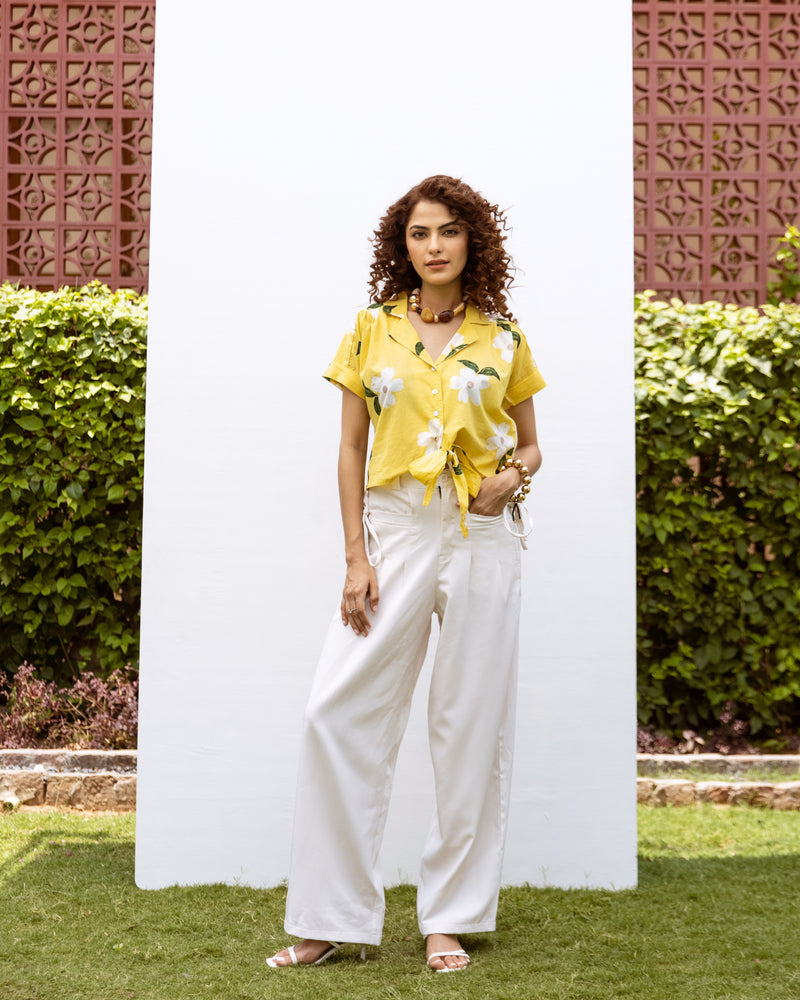 Yellow Cotton Collar Floral Print Short Top For Women's