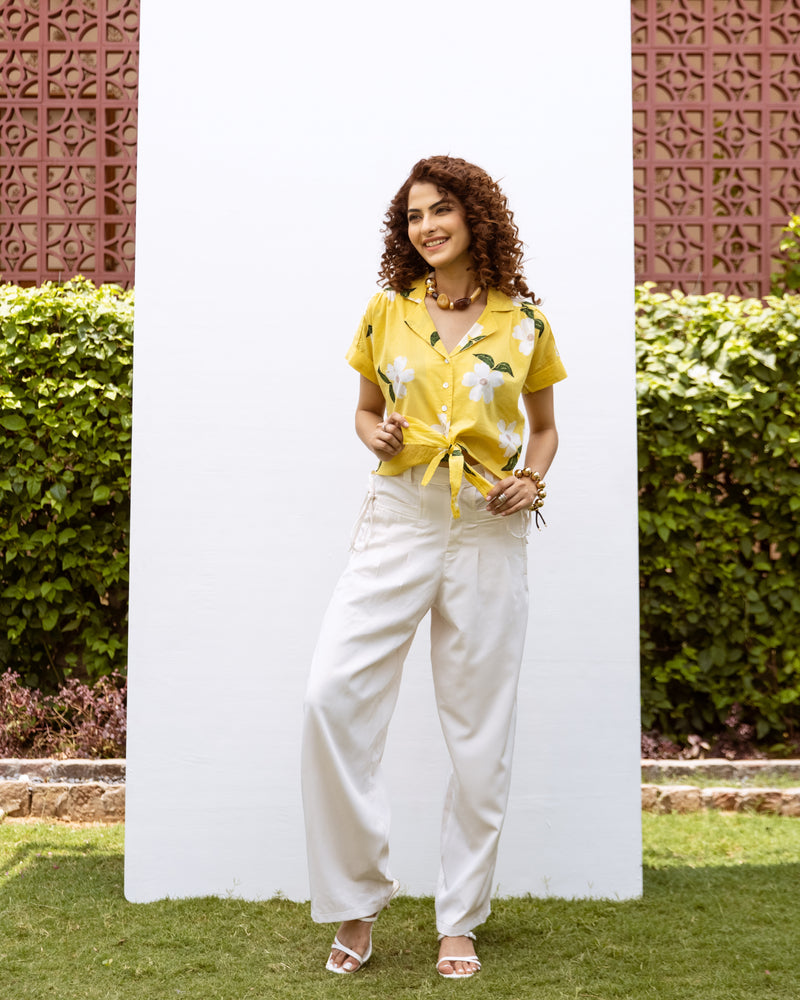 Yellow Cotton Collar Floral Print Short Top For Women's