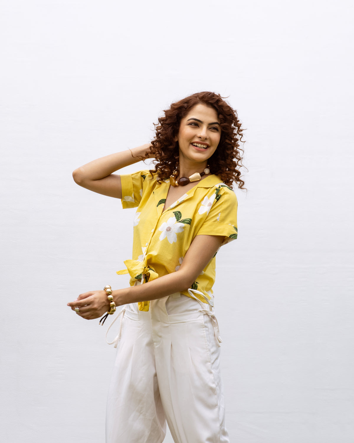 Yellow Cotton Collar Floral Print Short Top For Women's