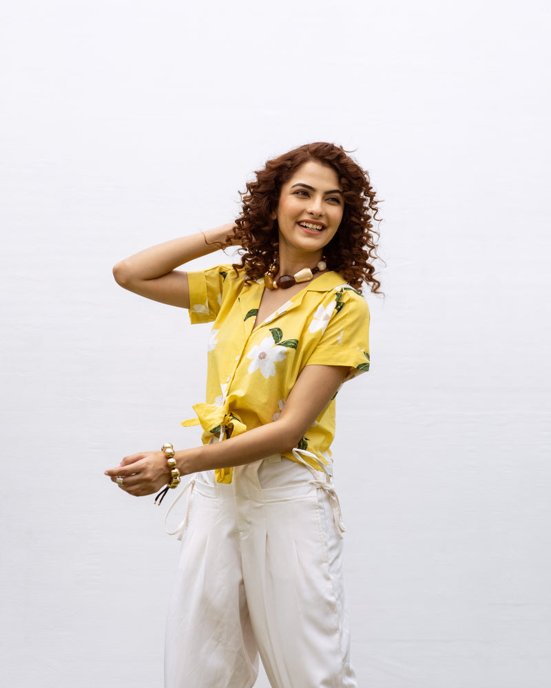 Yellow Cotton Collar Floral Print Short Top For Women's