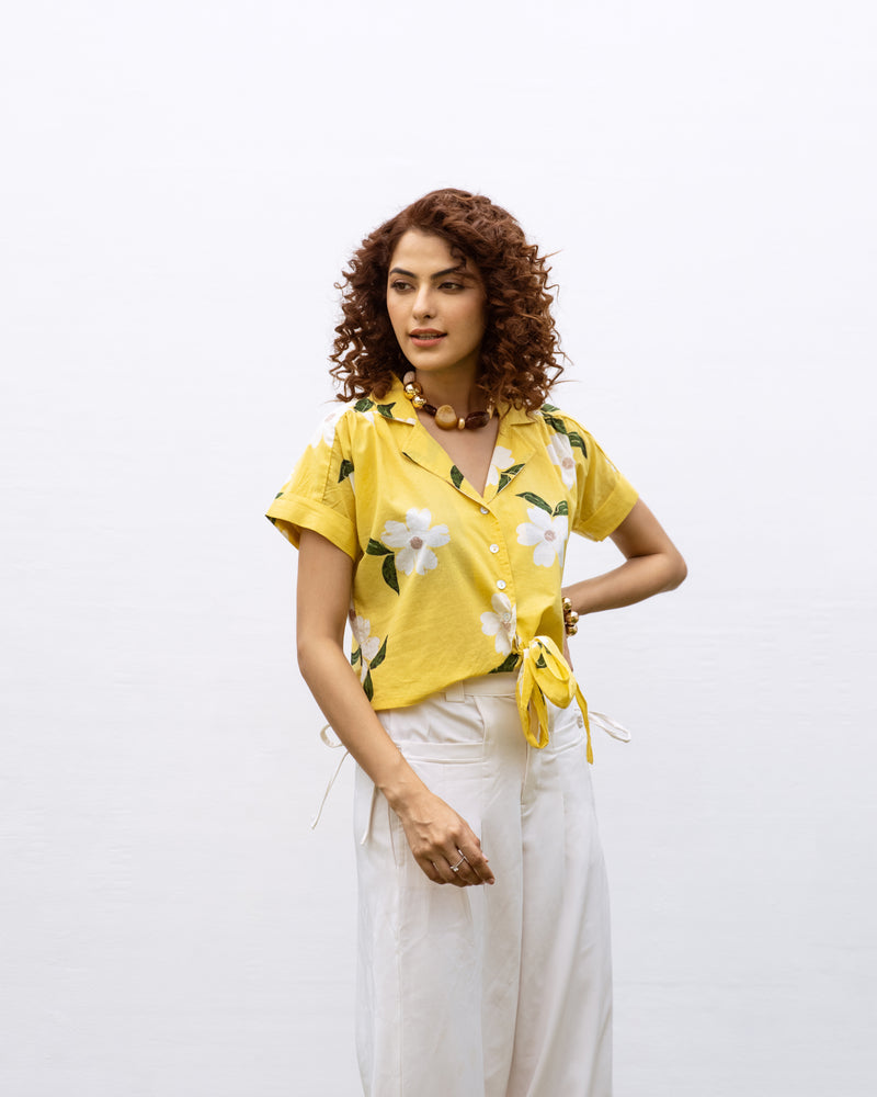 Yellow Cotton Collar Floral Print Short Top For Women's