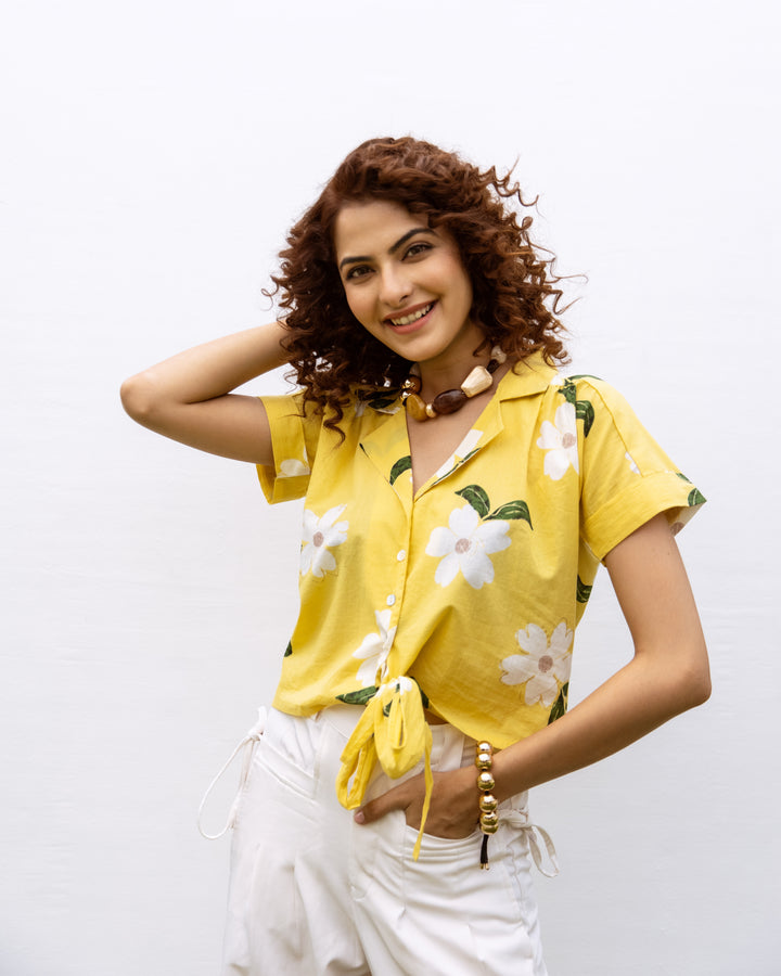 YELLOW COTTON COLLAR FLORAL PRINT SHORT TOP FOR WOMEN'S