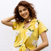 Yellow Cotton Collar Floral Print Short Top For Women's