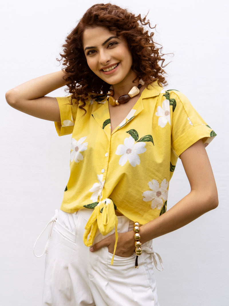 Yellow Cotton Collar Floral Print Short Top For Women's