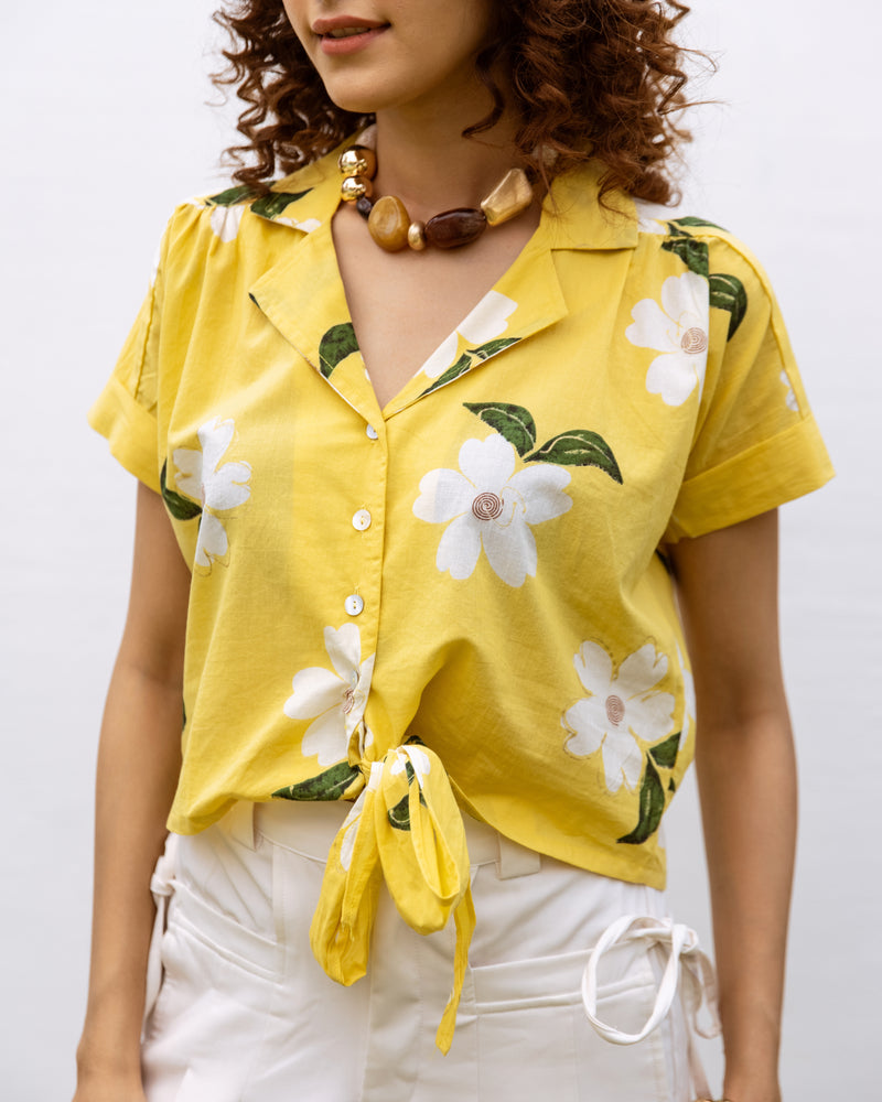 Yellow Cotton Collar Floral Print Short Top For Women's