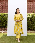 Yellow Cotton Round Neck Floral Print Kurta Pant Set For Women's