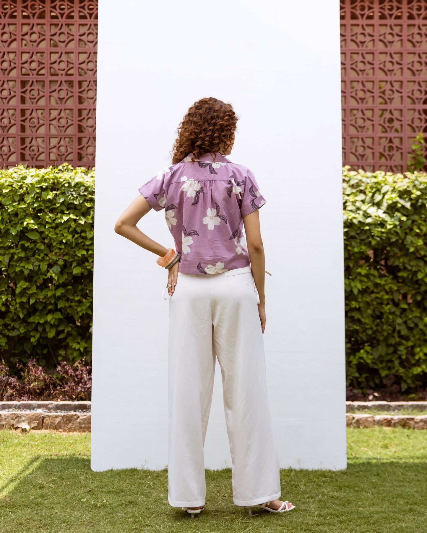 Purple Cotton Collar Floral Print Short Top For Women's