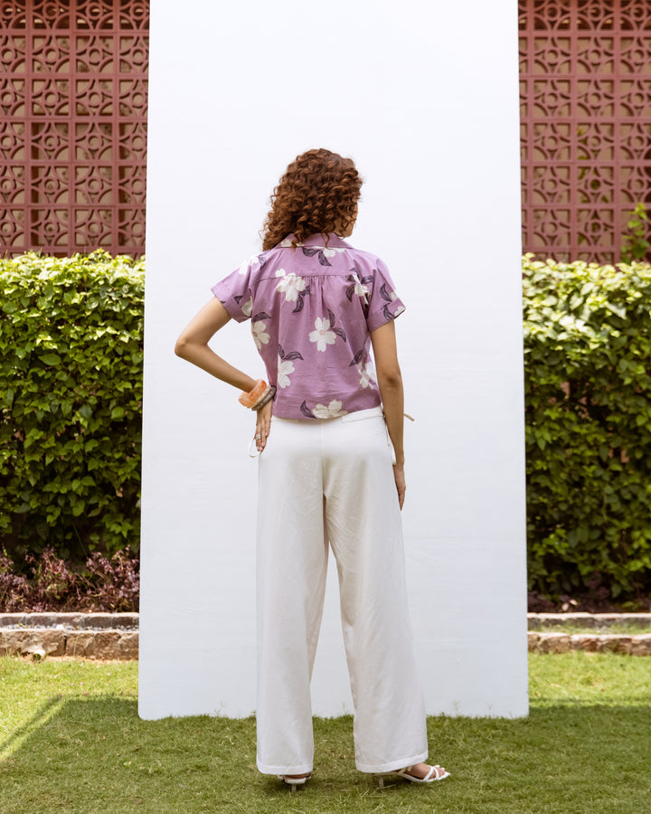 PURPLE COTTON COLLAR FLORAL PRINT SHORT-TOP FOR WOMAN'S