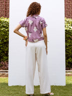 Purple Cotton Collar Floral Print Short Top For Women's