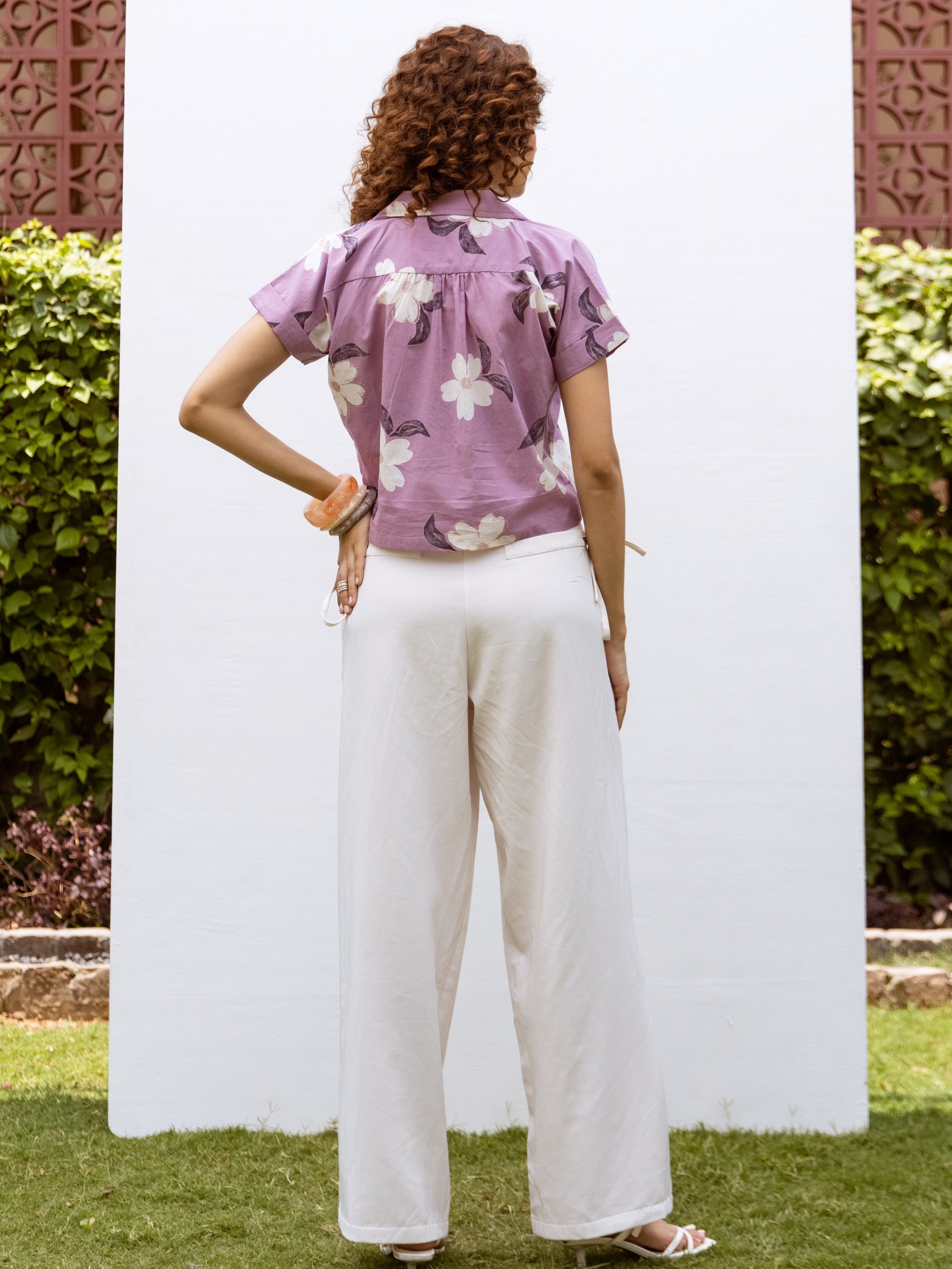 Purple Cotton Collar Floral Print Short Top For Women's